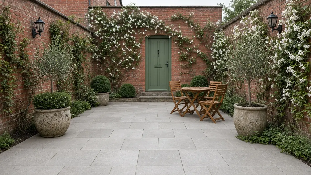 Example image: a walled courtyard behind a Victorian villa in Linthorpe, paved in pale grey porcelain with olive trees in stone planters and a teak bistro set
