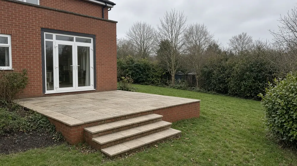 Example image of a raised sandstone patio with wide steps, suited to a sloping Great Ayton garden