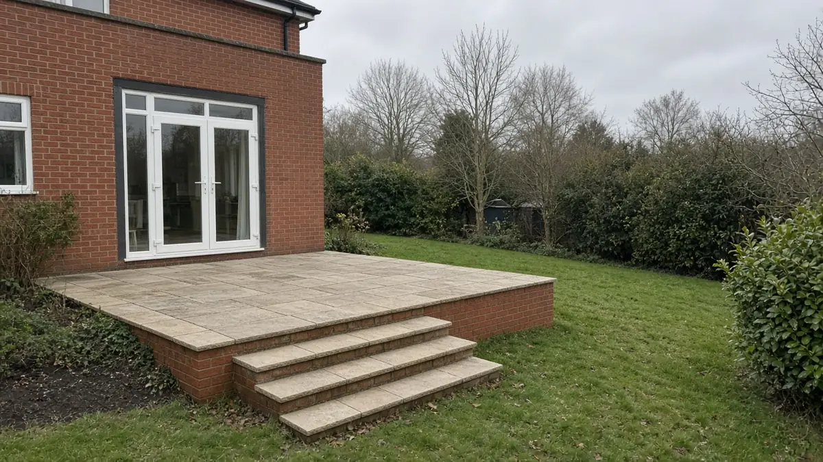 Example image: a raised sandstone patio outside French doors, with a brick edge and three wide steps down to the lawn