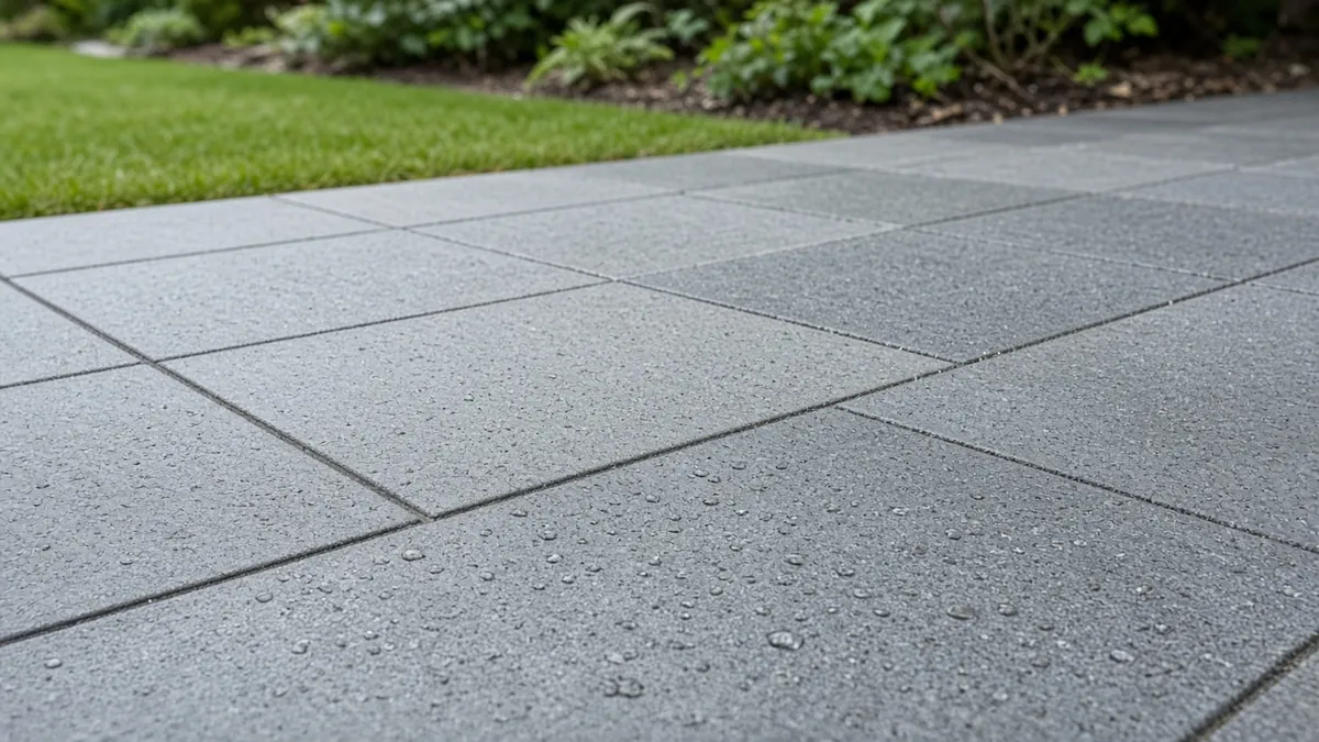 Example image: close-up of grey porcelain patio slabs with neat, evenly filled joints