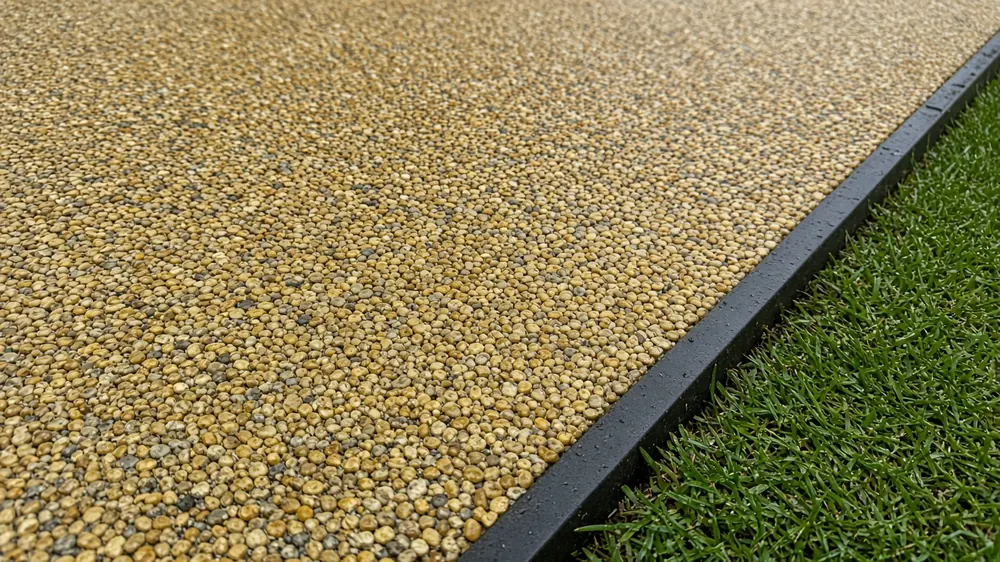 Example image: close-up of a resin-bound stone surface beside a metal edging strip and lawn