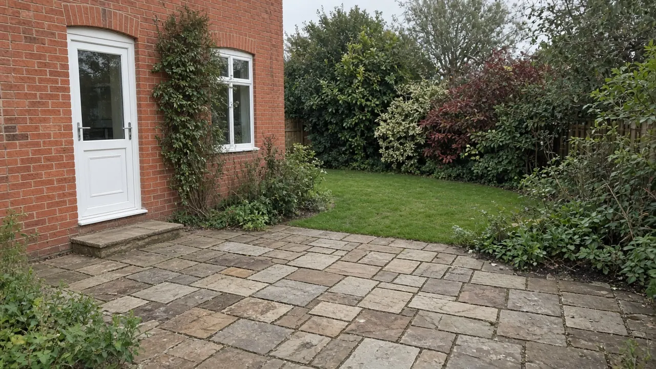 Example image: an Indian sandstone patio laid in mixed sizes behind a red-brick house, with a step from the back door