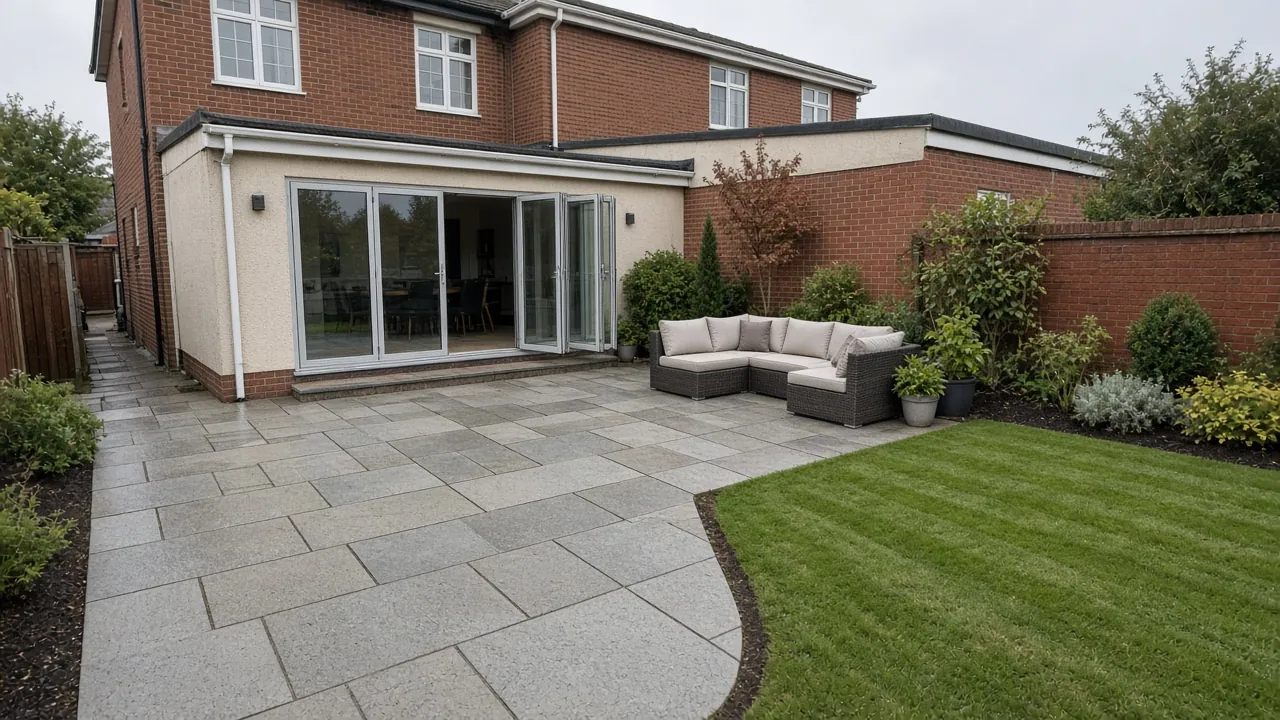 Example image: a textured grey slab patio outside grey bi-fold doors on an extended 1930s semi in Acklam, with a rattan corner sofa