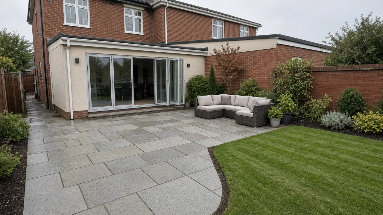 Example image: a textured grey slab patio outside grey bi-fold doors on an extended 1930s semi in Acklam, with a rattan corner sofa