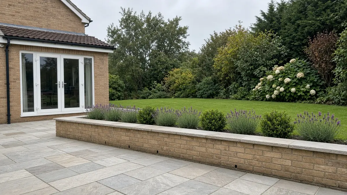 Example image: a buff-brick retaining wall with a stone coping beside a grey sandstone patio