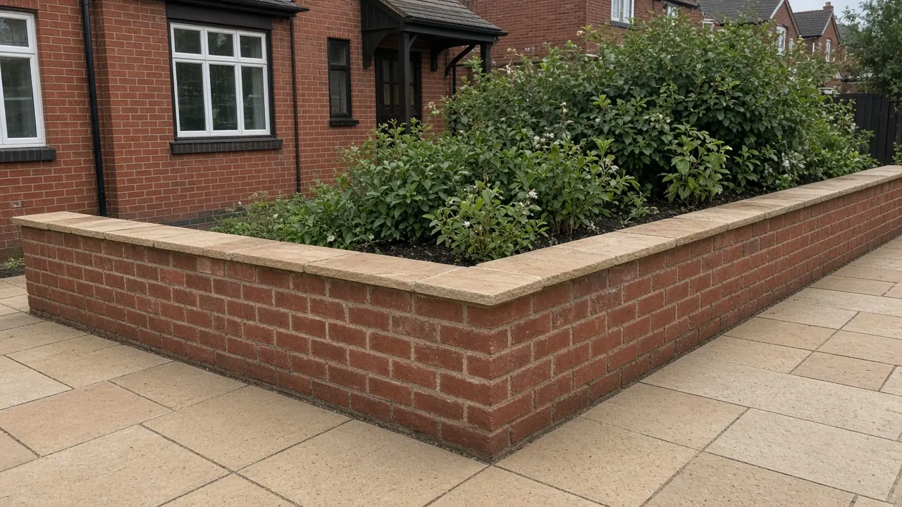Example image: a red-brick raised bed wall with a stone coping on a sandstone patio
